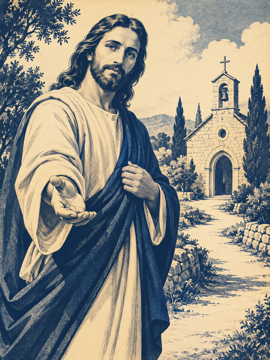 Navy-and-cream illustration of Jesus extending His hand, with a church beside a sunlit path.