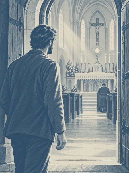 A visitor at an open church doorway looks toward Eucharistic worship at the altar.