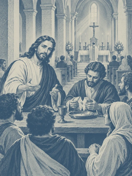 The apostles teach and break bread with a gathered community, echoed by Catholic worship in the sanctuary.